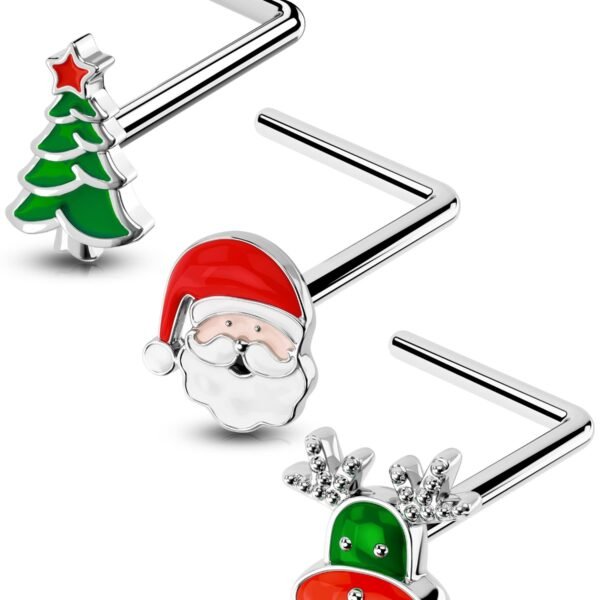 3Pcs Nose Studs, Shining Christmas 20G Nose Rings L Shaped Cute Deer Star Tree Silver Stainless Steel Nose Rings Studs Nose Piercing Jewelry for Women Men-7MM-4