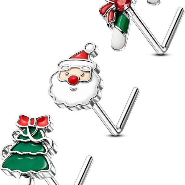3Pcs Nose Studs, Shining Christmas 20G Nose Rings L Shaped Cute Deer Star Tree Silver Stainless Steel Nose Rings Studs Nose Piercing Jewelry for Women Men-7MM-7